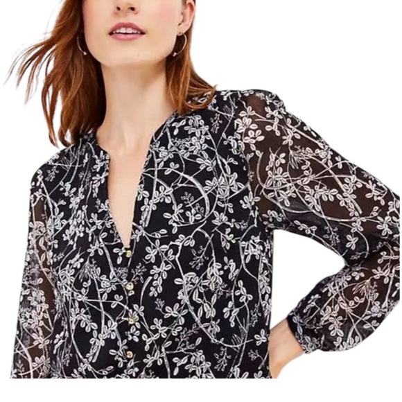 LOFT Black and White Floral Long Sleeve Dress - Picture 2 of 8